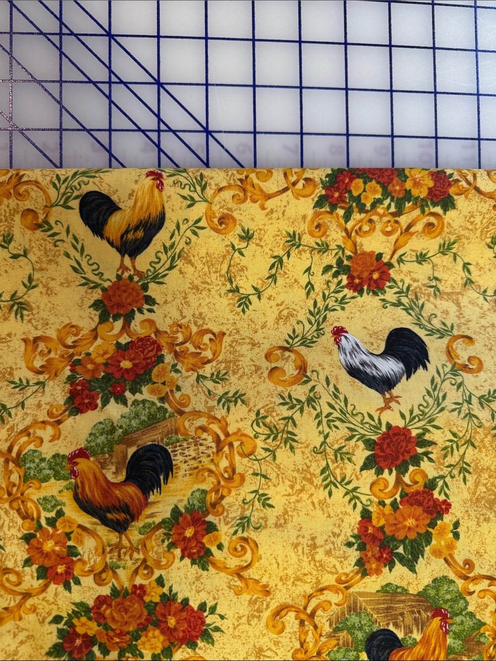 FabriQuilt Fabric Yd Roosters Floral Scrolls Yellow Gold Premium Cotton Provence